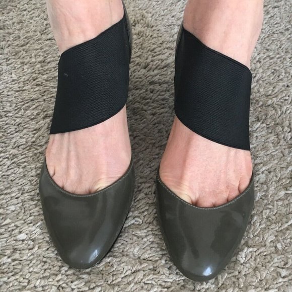 daniblack Shoes - Womens Gray Patent Shoes by Daniblack with Elastic Strap Wedge Heel Size 8